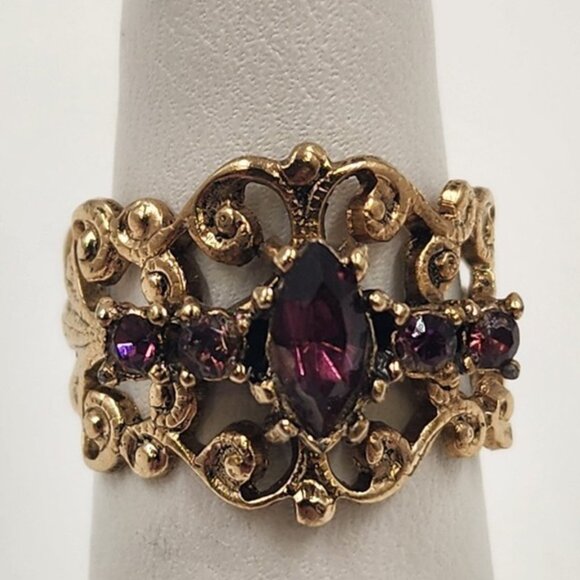 Gold Plat Filigree Ring Bohemian Ruby Crystals Open Shank Opens 6 to 7 and 8 - Picture 4 of 6